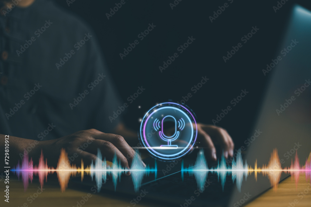 Poster Voice recording. Man touching microphone icon on smartphone. Mobile application record sound, audio, music, voice message or use your voice to direct AI to search for information on Internet.