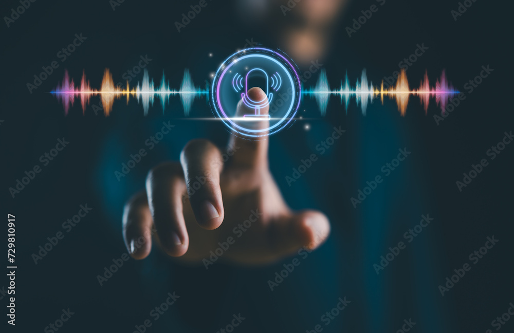 Poster voice recording. man touching microphone icon on smartphone. mobile application record sound, audio,