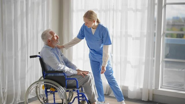 Social worker helps man in wheelchair. Female social welfare physical therapist looks after senior male, talking, providing medical care at hospitale. Living with legs paralysis, special needs people.