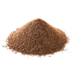 close up pile of finely dry organic fresh raw caraway seed powder isolated on white background. bright colored heaps of herbal, spice or seasoning recipes clipping path. selective focus - obrazy, fototapety, plakaty