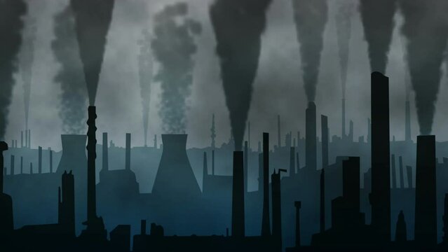 Industrial, factory and animation of pollution with smoke from refinery and mining coal with dark clouds. Air, smog and danger to environment from fossil fuel, energy and co2 risk for climate change