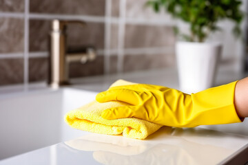 Cleaning and polishing bathroom. Female hand in yellow gloves on white surface of sink. Housekeeping and hygiene concept