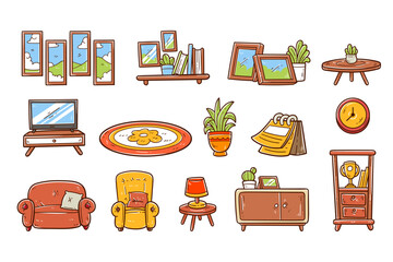 Set of living room interior hand-drawn vector illustration set