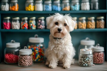 Cute white dog sitting in a room filled with colorful candy jars. perfect for pet-friendly content. home style, sweet environment. AI - obrazy, fototapety, plakaty