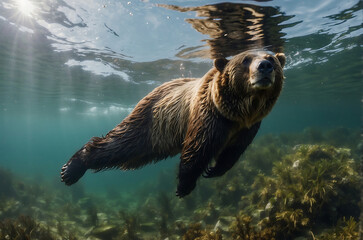 Brown bear swimming in a river surrounded by nature and wildlife