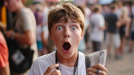 A teenage boy from Europe, with a surprised expression and a concert ticket, is attending his first...