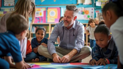 Elementary School Teacher Interacting With Diverse Students