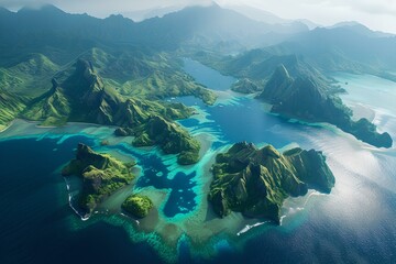 Fototapeta na wymiar Breathtaking aerial view of tropical islands and lush greenery. perfect for travel and nature themes. pristine wilderness captured from above. AI
