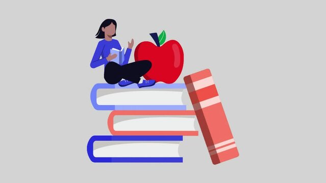 Cartoon Animation of a Woman Reading on a Stack of Books. Girl enjoying reading a book while sitting on a pile of Books
