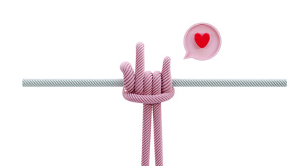 pink rope string with love sign knot and red heart in chat bubble 3D rendering