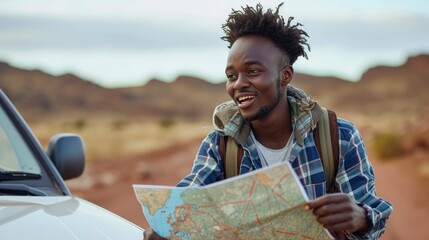 A young African man, with a look of excitement and a map, is planning a road trip across Namibia