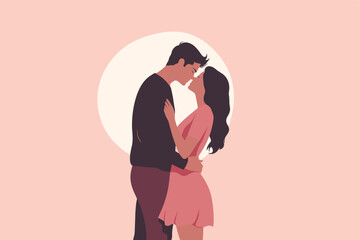 Minimalist charming cute couple looking in love at each other, hugging and kissing. Valentine vibes.