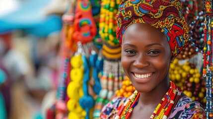 A young African woman, with a radiant smile and a colorful headwrap, is selling handmade jewelry at a bustling market in Lagos, Nigeria