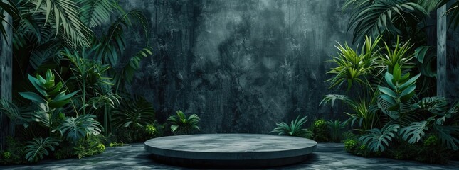 Round Stone Podium in Lush Green Jungle Setting.