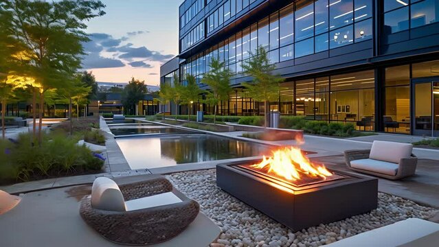 Cozy fire pits and communal gathering spaces set amid scenic water features create a tranquil atmosphere for employees to unwind and recharge during breaks.
