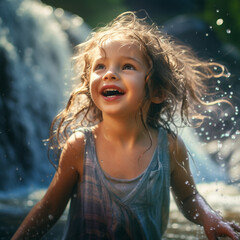 Little girl is playing with bathing in the waterfall. international water day concept.