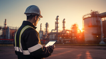 engineers holding tablet checking in the oil refinery - obrazy, fototapety, plakaty