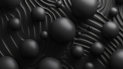 A monochromatic image depicting multiple black spheres of varying sizes on a textured, wavy surface.
