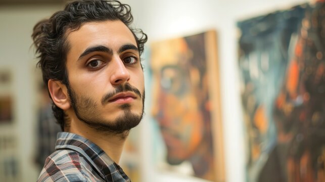 A young man from the Middle East, with a proud expression and a piece of art, is showcasing his work in a gallery in Tehran, Iran