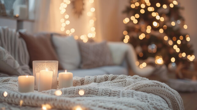 Lit candles and a knit blanket in a cozy living room with a festive Christmas tree.