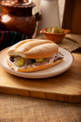 Mexican ham sandwich, in Mexico it is called Torta de Jamon, it is the most popular of the Mexican Tortas and the recipe varies depending on who prepares it, made with bolillo o telera bread.