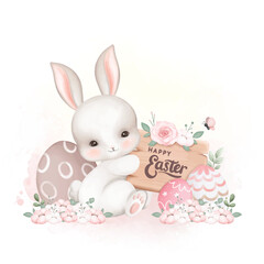 Watercolor Illustration White Rabbit with Easter Eggs at the Garden full of Flowers