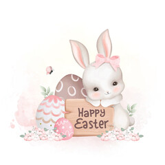 Watercolor Illustration White Rabbit with Easter Eggs at the Garden full of Flowers