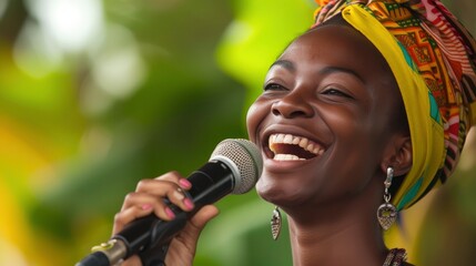 A young woman from the Caribbean, with a joyful expression and a microphone, is singing at a music...