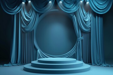  3d round podium blue background with curtain 