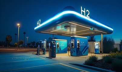 Hydrogen fuel tanks and charging stations adorned with H2 markings