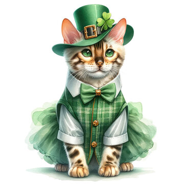 saint patrick's cat Bengal cat in St. Patrick's Day theme, transparent background