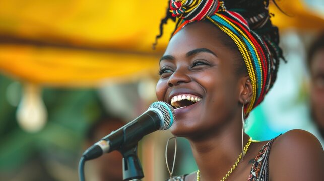 A young woman from the Caribbean, with a joyful expression and a microphone, is singing at a music festival in Kingston, Jamaica