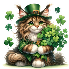 saint patrick's cat Maine Coon cat in St. Patrick's Day theme, transparent background - obrazy, fototapety, plakaty