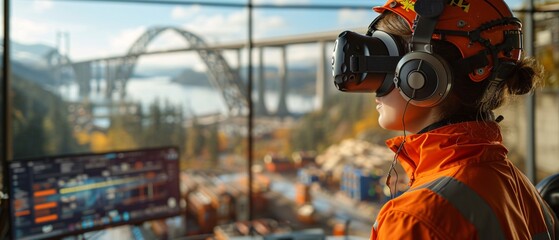 Naklejka premium Leveraging virtual reality simulations, a civil engineer evaluates various design scenarios to identify the most efficient and sustainable solutions for urban development.