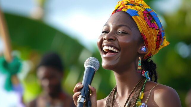 A young woman from the Caribbean, with a joyful expression and a microphone, is singing at a music festival in Kingston, Jamaica