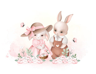 Watercolor Illustration Cute Couple Rabbit at Garden Full of Flowers