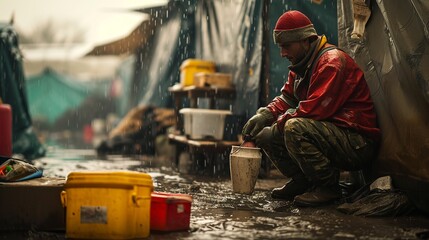 A Social Worker in Red Jacket Sitting in Muddy Area During Rainfall with Containers Around and Makeshift Tarpaulin Shelter in Background