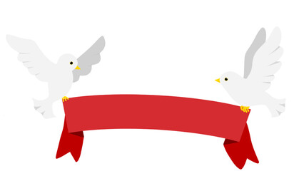 white dove bird pigeon holding red ribbon banner illustration isolated on white and transparent background. white bird animal flat style vector