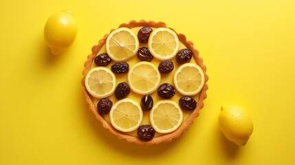 delicious tart filled with glazed cherries and topped with a slice of lemon, presented against a vibrant yellow background