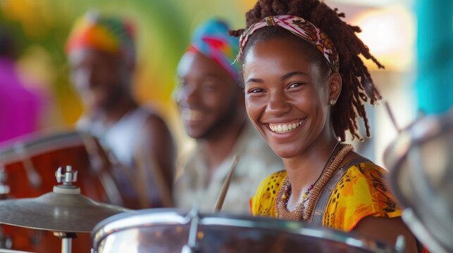 A young woman from the Caribbean, with a joyful expression and a steelpan, is playing music in a band in Port of Spain, Trinidad and Tobago