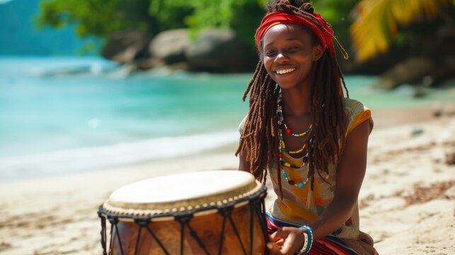 A young woman from the Caribbean, with dreadlocks and a drum, is playing music on a beach in Jamaica