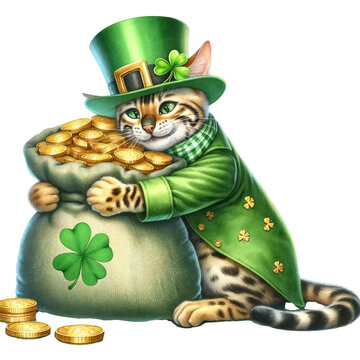 saint patrick's cat Bengal cat in St. Patrick's Day theme, transparent background
