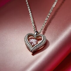 heart shaped pendant with diamonds on pastel pink