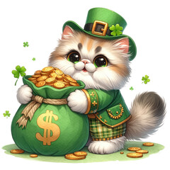 saint patrick's cat Persian cat in St. Patrick's Day theme transparent background - obrazy, fototapety, plakaty