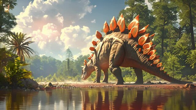 A roaming Stegosaurus takes a drink from the lagoon its distinctive spiked tail swaying with each step.