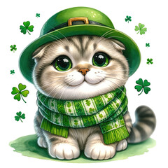 Scottish Fold dresses up in a St. Patrick's theme and wears a green plaid scarf. Soft water color, not bold, white background. - obrazy, fototapety, plakaty