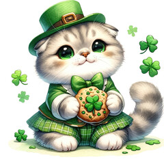 Scottish Fold dressed in a St. Patrick's theme, holding clover cookies. Soft water color, not bold, white background.