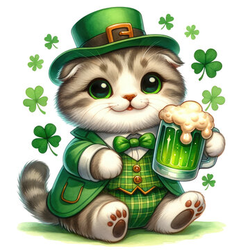 Scottish Fold dressed in a St. Patrick's theme, holding a green beer glass. Soft water color, not bold, white background.