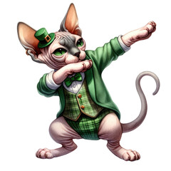  St. Patrick's cat Sphynx dressed in St. Patrick's theme, doing a dance pose, soft water color, not too bold, white background. - obrazy, fototapety, plakaty