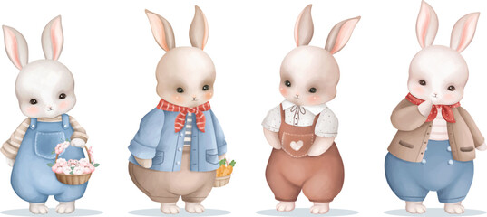 Watercolor Illustration set of Cute Rabbits